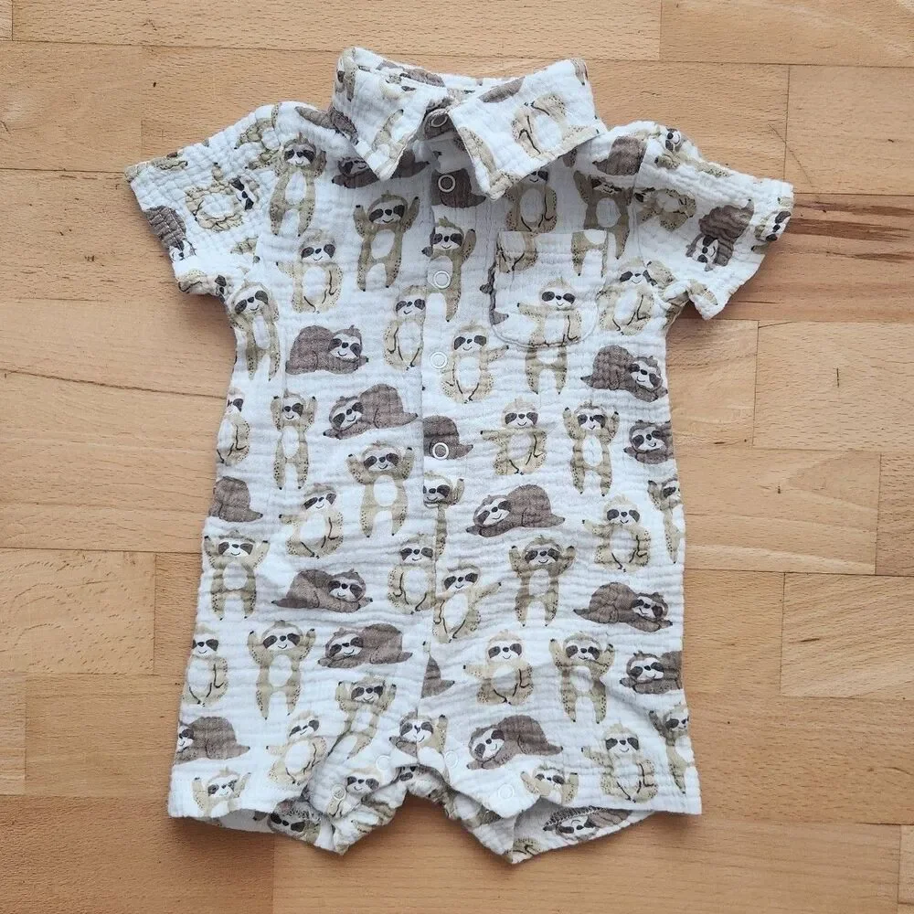 Infant Sloth Print Gauze Collared Cotton Romper, 18mos